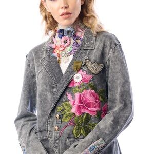 Aratta Silent Journey Floral Embroidered Gray Blazer Colonel Top Medium Jacket